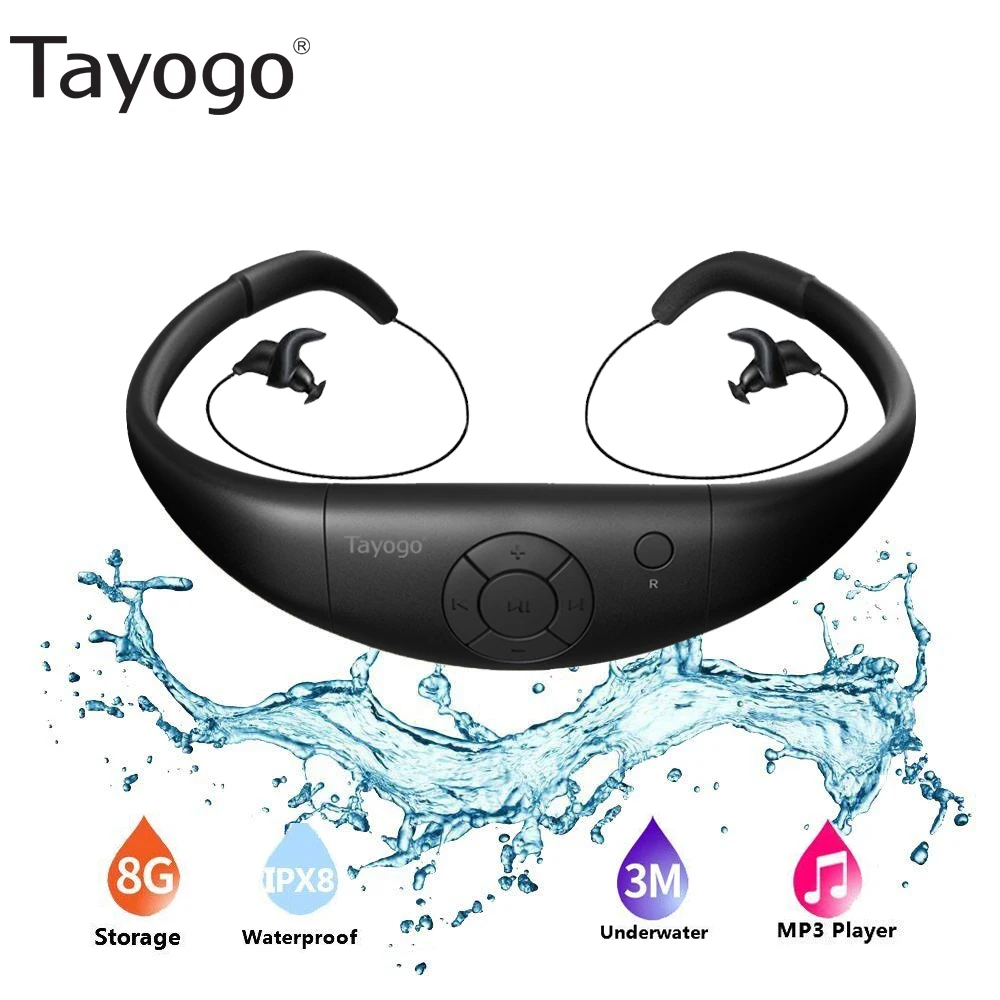

Tayogo Waterproof 8GB MP3 Player Stable Head-Mounted Headphone Mini Sports IPX8 Headset MP3 Player Swimming Ear Hook Earphones