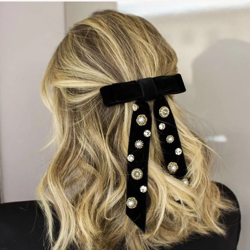 Za Latest Winter New Headwear Elegant Rhinestone Pearls Velvet Bowknot Hair Clips for Women Free Dropshipping