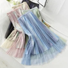 Осенняя винтажная плиссированная Корейская макси с высокой талией сетчатая юбка Женская длинная кружевная юбка плюс размер Boho богемная розовая юбка женская