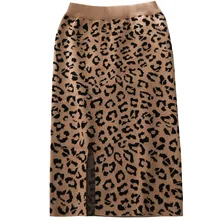 Осень Зима Женская леопардовая трикотажная юбка модная с разрезом спереди утолщенная Высокая юбка с тонкой талией Женская одежда GD189 юбки для женщин s