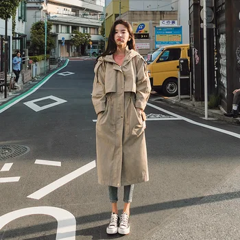 

Women Windbreaker Long Hooded Adjustable Waist Khaki Trench Coat with Flaps Lady Cloak Duster Coat Female Outerwear Spring Fall