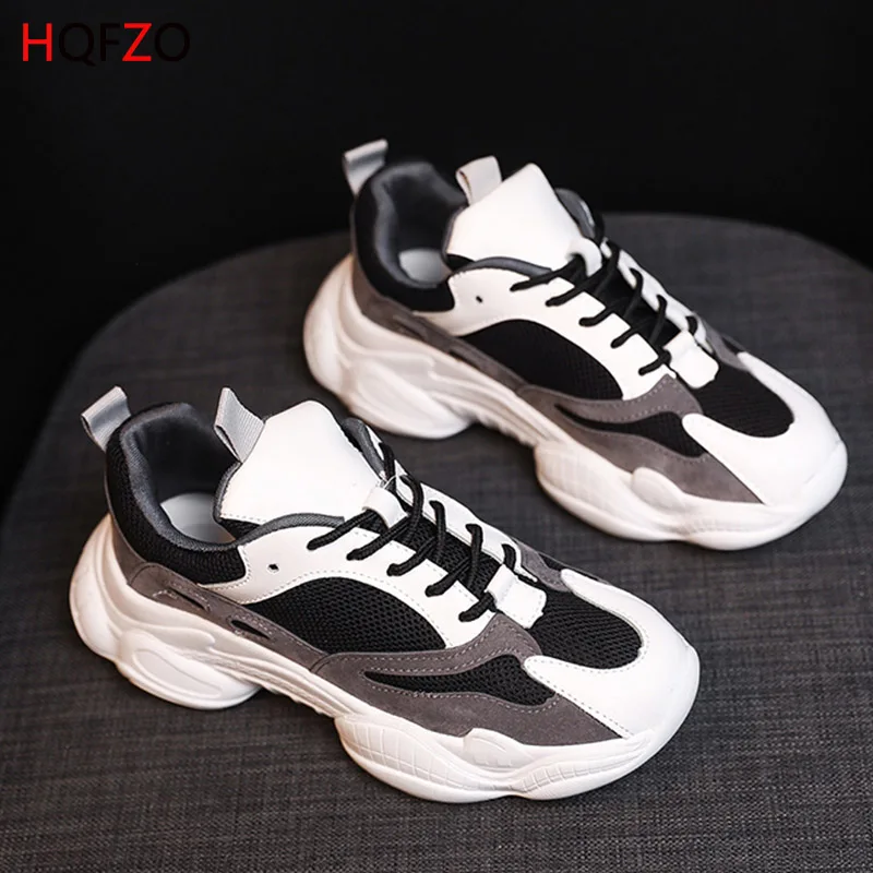 HQFZO Women Comfortable Sneaker Cushioning Chunky Running Shoes Tenis Feminino Fashion Lace-Up White Sport Shoes Women - Цвет: black