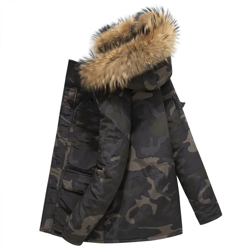 Los hombres de Plumífero de camuflaje chaquetas de invierno grueso cálido Casual Slim Collar de piel con capucha abrigos chaqueta Parka de plumón de pato blanco abrigo