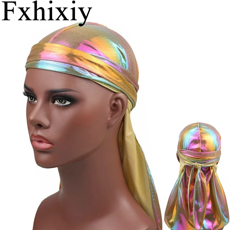 New Men/Women Silky Laser Long Tail Satin Breathable Bandana Hat Durag do doo Rag Pirate Headwrap Headwear | Аксессуары для одежды