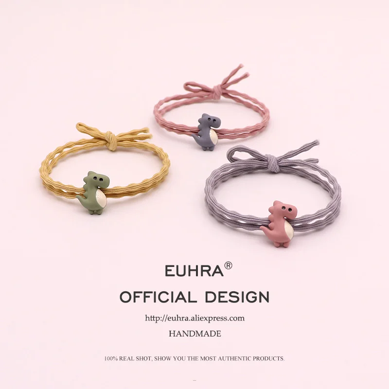 

EUHRA Cute Small Dinosaur Godzilla Tyrannosaurus Rex Metal Charm Women Girls Elastic Hair Bands Kid Children Rubber Bands