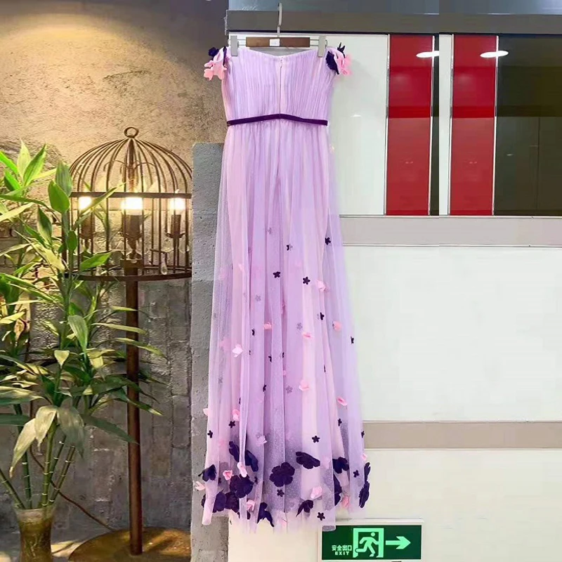 Elegant Purple Mesh Sexy Off The Shoulder Fashion Design Maxi Dress Women Celebrity Evening Party Dress Vestidos Wholesale