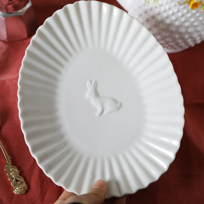 Ceramic Plate Set White Rabbit Relief Striation Oval Easter Egg Dinner