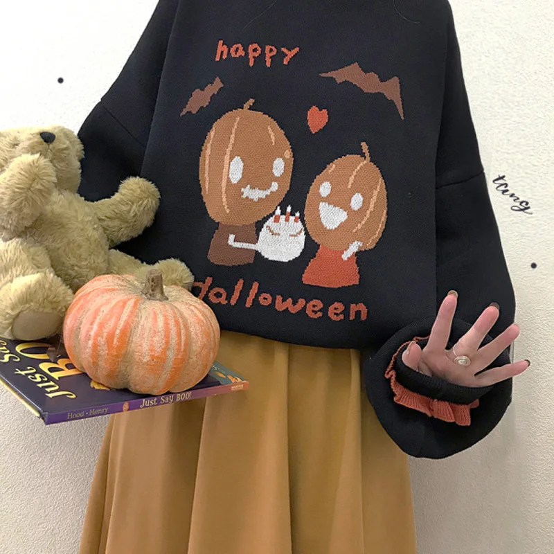 

Kawaii Preppy Style Halloween Pumpkin'S Birthday Party Sweater Japanese Cute Lantern Sleeve Cartoon Printing Sweater Mori Girl