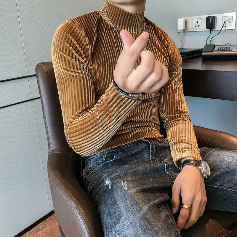 Spring Autumn Mens Long Sleeve Velvet Tops Fashion Slim Fit Turtleneck T-shirt Casual Under T-Shirts Big Size 3XL Male Tees | Мужская