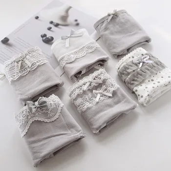 

Grey Lace Bow-Knot Cotton Panties For Girl Fashion Japanese Cute Lace Mid Waist Cotton Student Panties Woman