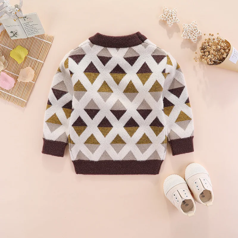 Autumn& Winter Girl& Boy Warm Sweaters O-Neck Leisure Plaid No Access Control Knitted Tiny Cottons Tops Ribbed Sweater M