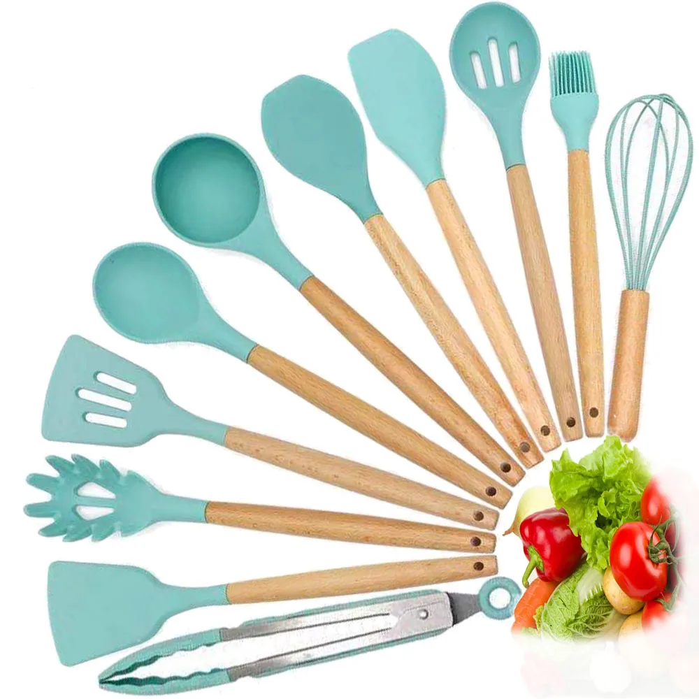Набор кухонной утвари из силикона с деревянной ручкой|cooking tools|turner spatulakitchen cooking