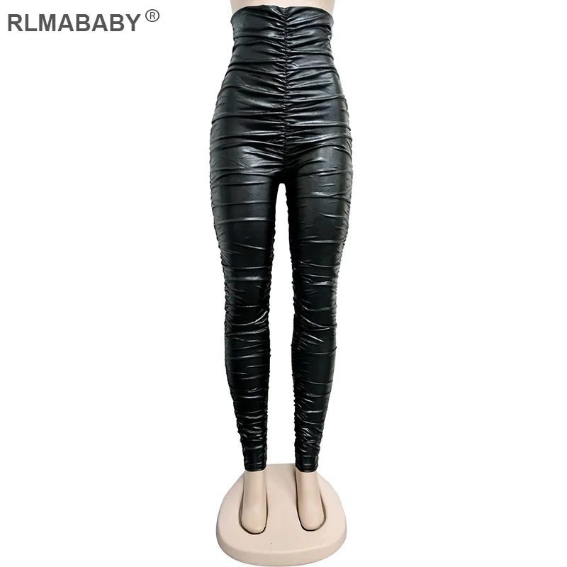 RLMABABY модные штаны для ночного клуба с рюшами из искусственной кожи с высокой талией женские золотые штаны на молнии сзади женские осенние сексуальные узкие брюки - Цвет: Black