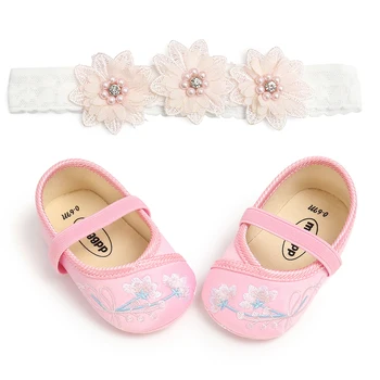 

Infant Girl Shoes Embroidery Floral Pattern Baby Girls Princess Shoes with Lace Flower Headwear Headband Photography Props Set
