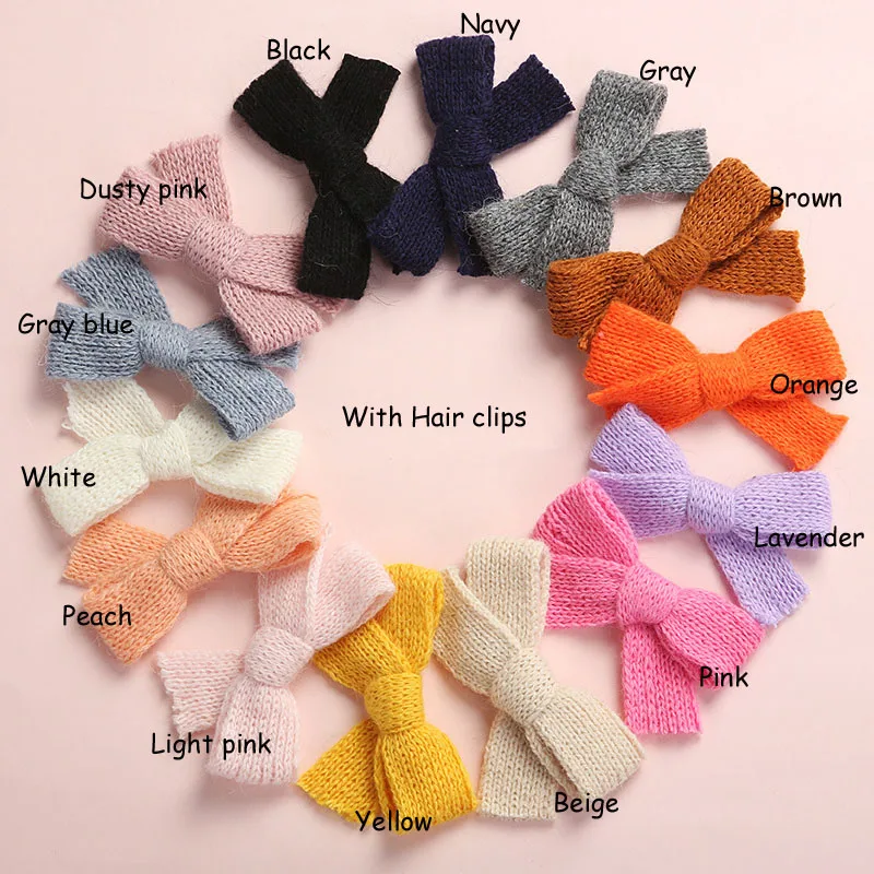 With hair clips 14 шт./лот, ручной связанный свитер бант из нейлона повязки на голову или заколки для волос, подарок для душа ребенка, детские аксессуары для волос для девочек - Цвет: With hair clips