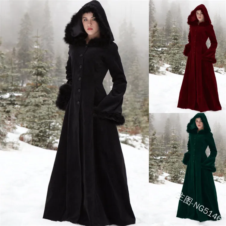

New Women Medieval Retro Fur Collar Hooded Windbreaker Witch Wizard Victorian Gothic Female Pure Color Coat Cosplay Costumes