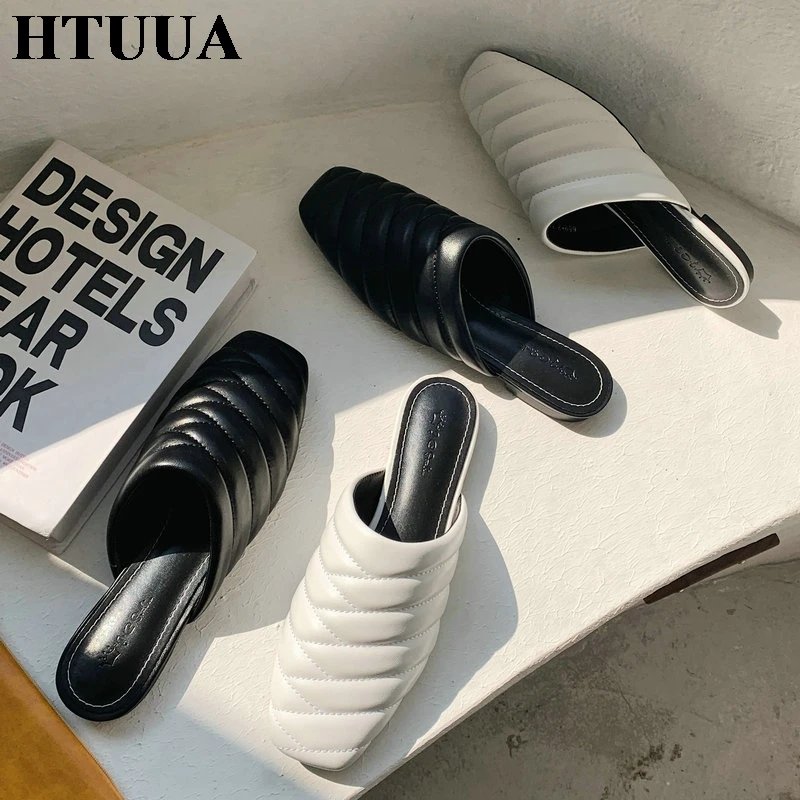 HTUUA Women Mules Slippers 2020 New Brand Flat Slides Ladies Elegant Slip On Loafers Shoes Outside Dress Mule Slipper SX3908 | Обувь