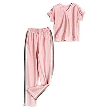 

Two Piece Set Top And Pants Summer Women 2020 Pink V Neck Short Sleeve T-Shirt + Elastic waist Pant Fashion Casual Clothes Set