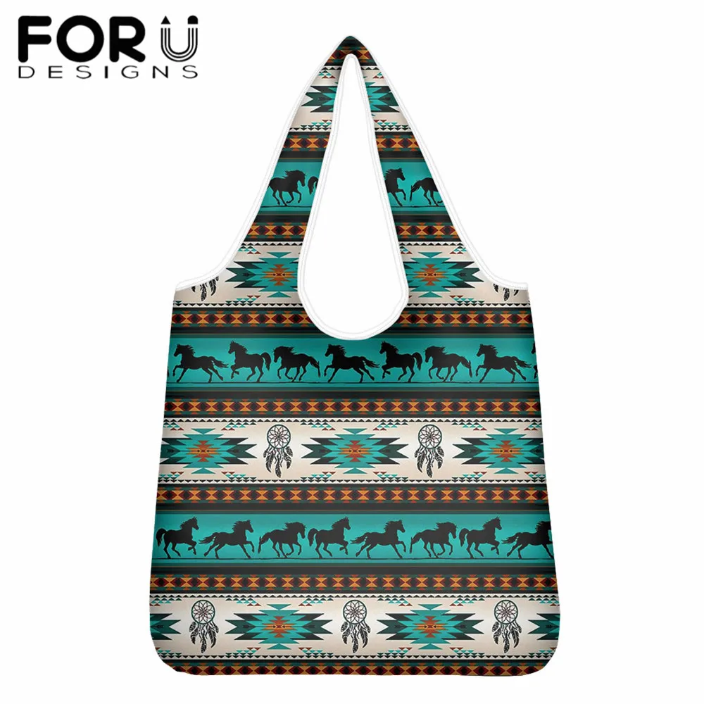 

FORUDESIGNS Aztec Tribe Turquoise Horses Dream Catchers Printed Women Eco Reusable Shoulder Shopper Bags Lady Foldable Pouch Bag