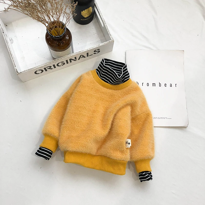 Yellow Winter Warm Thick Fleece Boys /Girls Sweaters Striped Splicing Kids Pullover Long Sleeve T-shirts Toddler Blouse - Color: Yellow