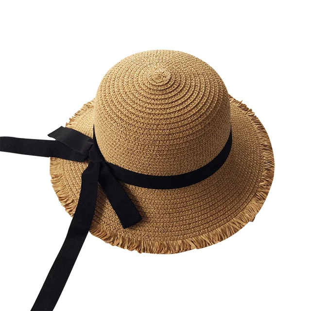 Girls Summer Cap Black Ribbon Decorate Wavy Straw Hat For Girls Children Panama Hat Kids Sun Cap Baby Beach Hats brown