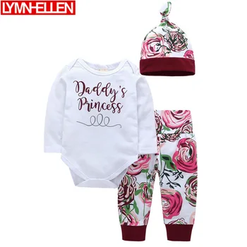 

New Born Kids Baby Girl Daddy's Princess Letter Cotton Clothes Long Sleeve Bodysuit + Flowery Pants + Hat Outfits Clothing Set