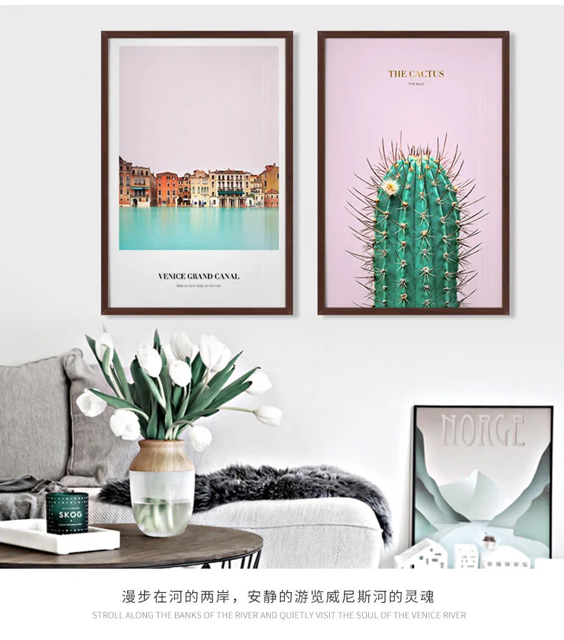 

Dreaming Small Town Nordic INS Cactus Living Room Decorative Painting Scenery Triple Paintings Home Frameless Painting