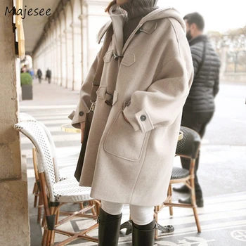 

Wool Women Solid Hooded Horn Button New Trendy Womens Coats Winter Warm 2020 Females High Quality Elegant Coat Kawaii Hot Sale
