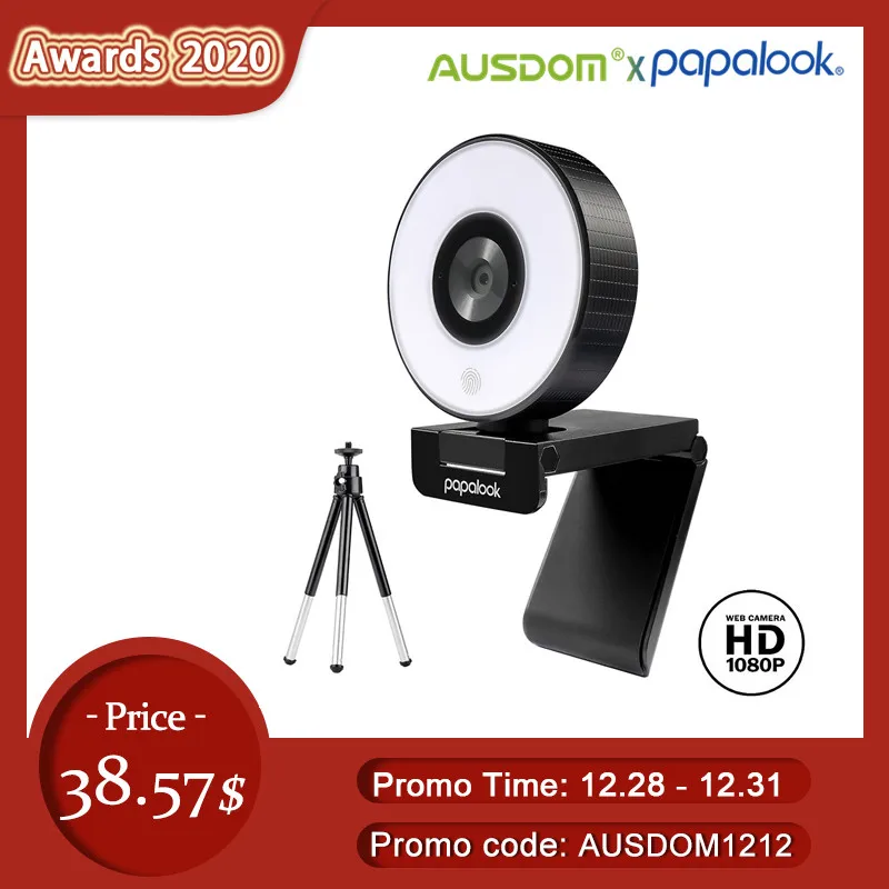 [Original]AUSDOM PA552 Webcam HD 1080P Fixed Focus USB Web Camera with Microphone Light Tripod for PC Twitch Skype OBS Steam