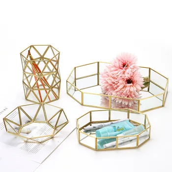 

Makeup Organizer, Retro Brass Metal Glass Mirror Cosmetic Storage Tray Home Storage Box