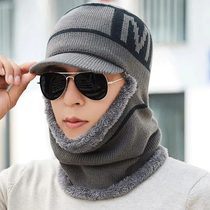 Серый Winter Men Hat And Scarf Set Male Warm Plush Hooded Cap Scarves With Brim Knit Visor Beanies Balaclava Adult Stripe Bonnet - Цвет: Серый