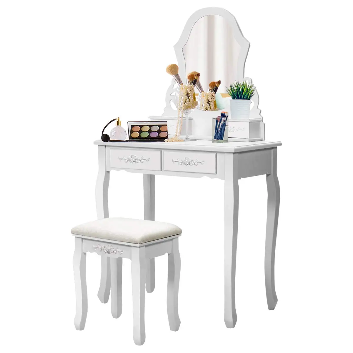 Costway White Vanity Jewelry Wooden Makeup Dressing Table Set