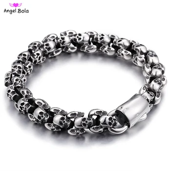 

Punk 22.5cm Long Skull Bracelets for Men Stainless Steel Shiny Skull Charm Link Chain Buddha Brecelets Male Gothic Jewelry 2019