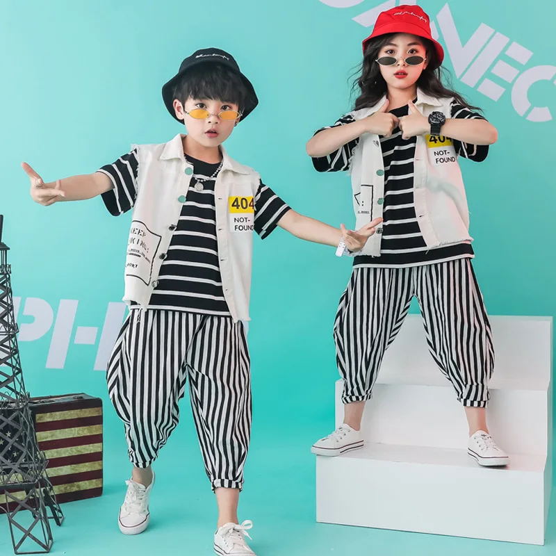 

Children Hip Hop jie wu fu Set BOY'S Cool Stripes Hiphop Catwalks Service Girls Jazz Dance Costume Fashion
