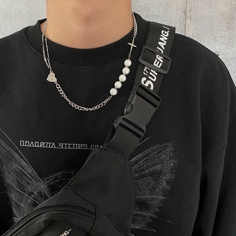 Trend Personality Hip Hop Multilayer Necklace Men Metal Pearl Couple Pendant Silver Color Chain Necklace for Women Jewelry