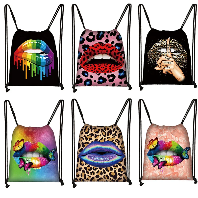 Bolsa con cordón de labios rojos para mujer, bolsa con estampado de mariposa, bolsas de almacenamiento de viaje, mochila plegable ecológica