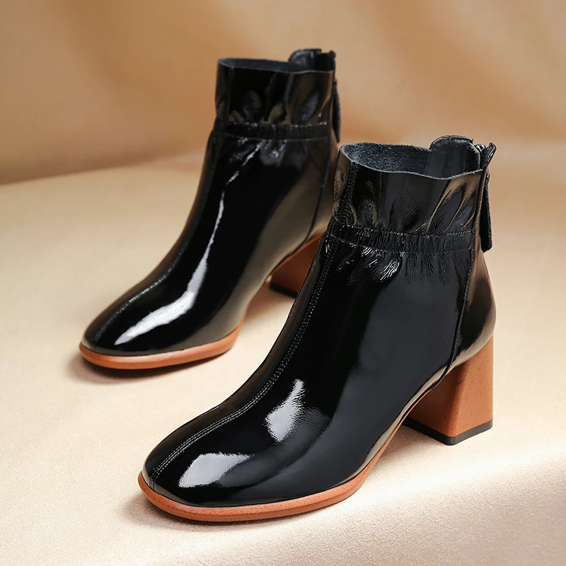 

Plus size 42 women's genuine leathere Pleated ruffle ankle boots thick high heel comfortable short booties high quality shoes