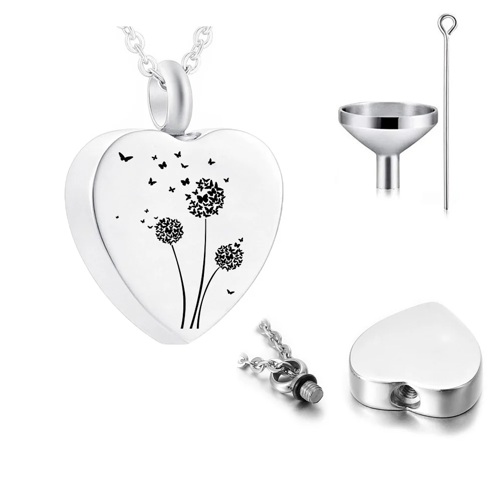 Cremation Jewelry Heart Pendant Stainless Steel Urn Necklace Dandelion Pendant Pet Ashes Memorial With Filling Kit