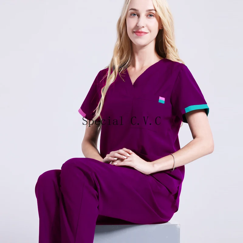 Pure Cotton Scrub Top V Neck Short Sleeve Medical Uniforms Women Color Blocking Surgical Shirt Plug Size Medical Scrubs (a Top)
