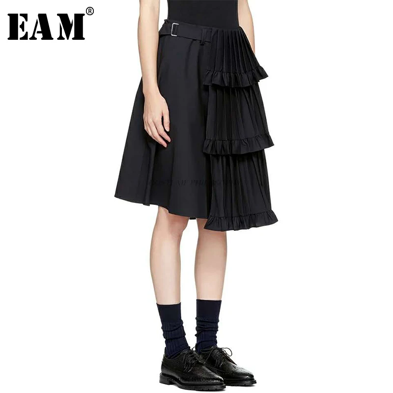 

[EAM] High Elastic Waist Spliced Asymmetrical Half-body Skirt Black Women Fashion Tide All-match New Spring Autumn 2019 1A350