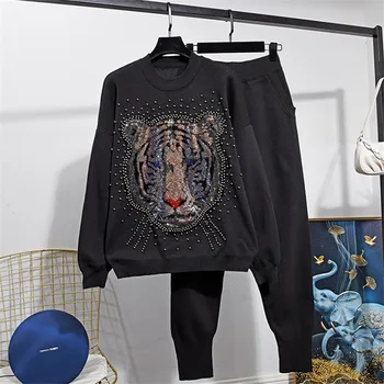 

Fashion Black Knitted Tracksuit Women Set Beading Diamonds Tiger Pattern Sweater Pants Two Piece Outfits Loose Knit Suit Female
