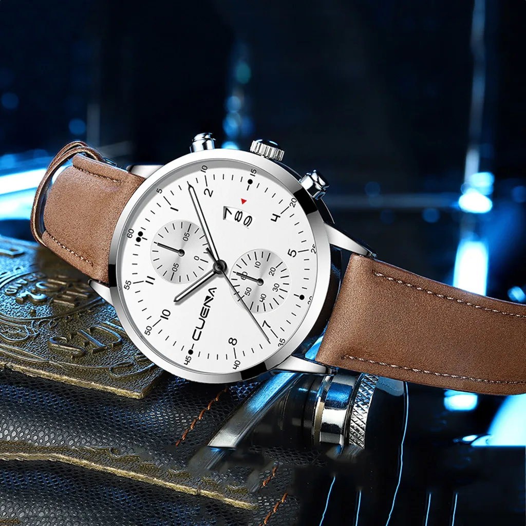 Стразы Наручные часы CUENA мужские деловые часы с ремешком три глаза шесть частей календарь кварцевые часы relogio masculino#930