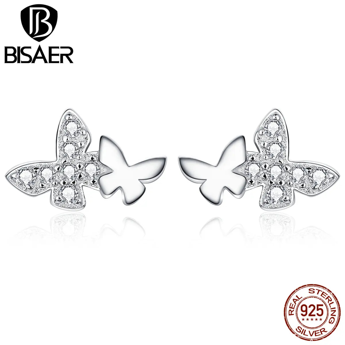 Серьги-бабочки BISAER, 925 пробы, серебряные, светящиеся, циркон, Бабочка, изысканные серьги-гвоздики для женщин, модное ювелирное изделие EFE236