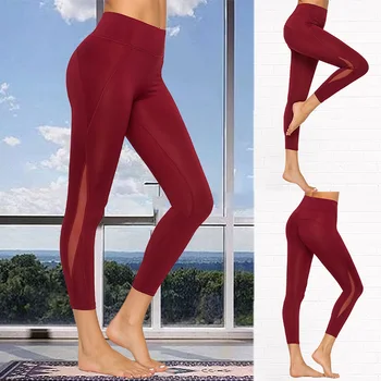

High Waist Side Seam Arc Mesh Cloth Patchwork Thin Leggings Wine Red Solid Color Hollow Leggings