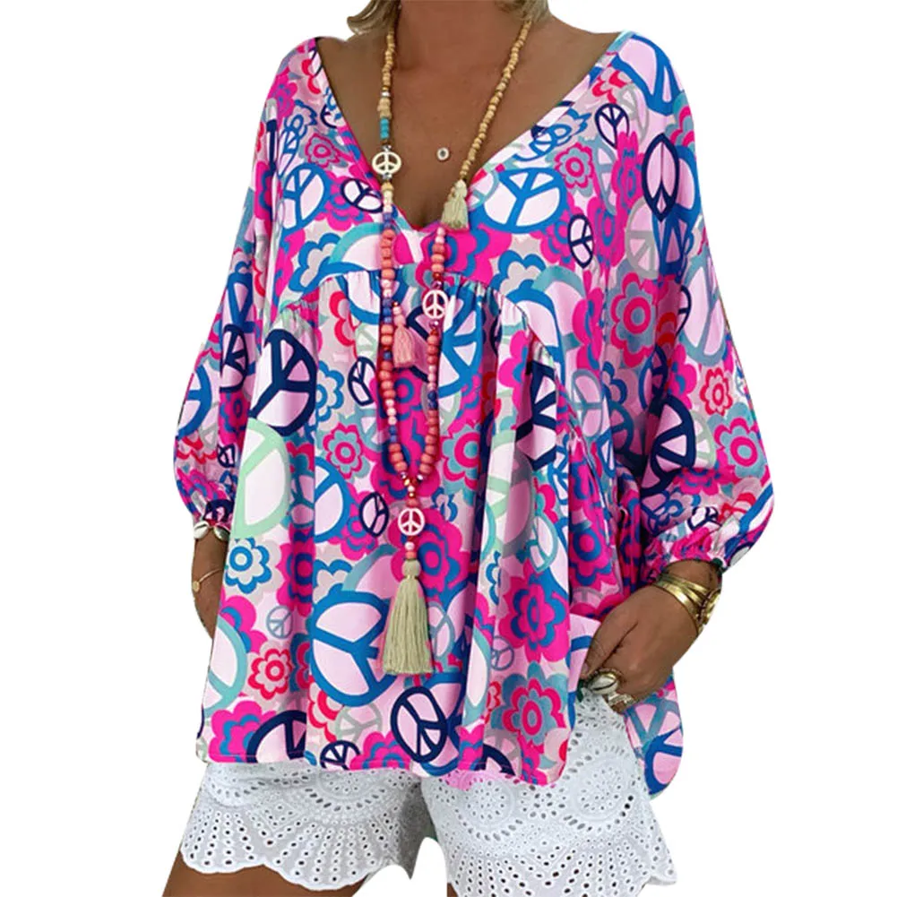 Summer Blouse Women Floral Print V Neck Long Sleeve Casual Loose Shirt Top Plus Size 5XL Feminine Tops blusas 2