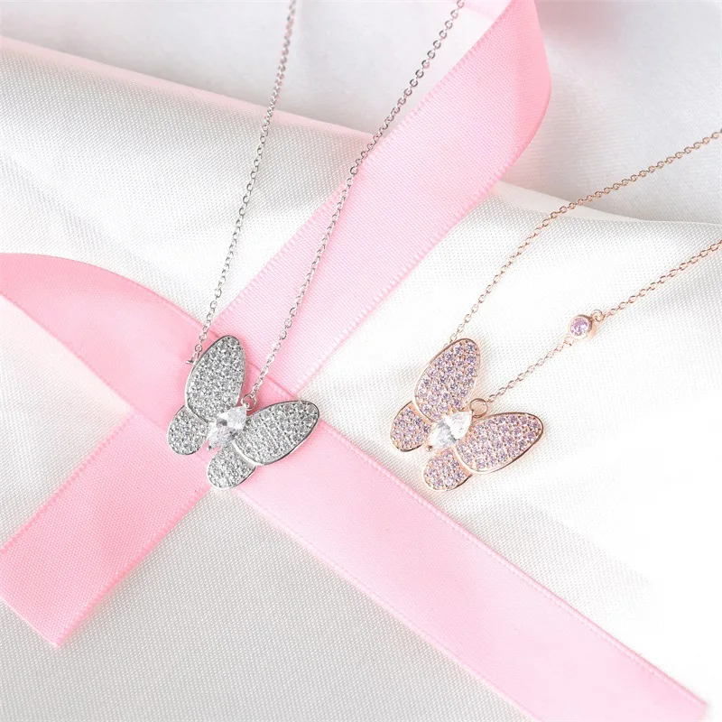 

LK Butterfly Necklace 925 Sterling Silver Green Pink Sister Necklace Super Fairy ins Fashionable Temperament Wild Money Chain
