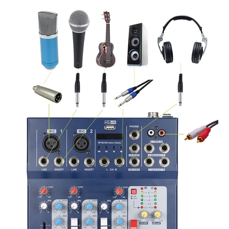 F4-Usb микшерный пульт 4 канальный цифровой линия для микрофона аудио микшерный пульт с 48В Мощность для Запись для ди-Джея свет для сцены парти штепсельная вилка европейского стандарта