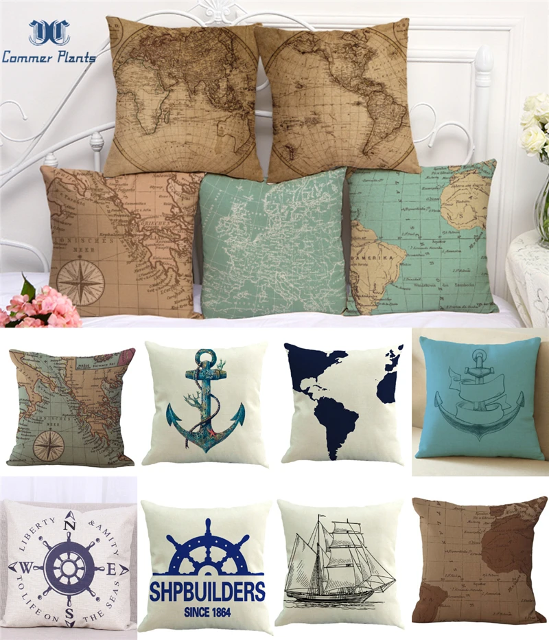 

NEW Mediterranean Compass Anchor Sailing Map Navigation Cushion Cover Super Quality Linen/Cotton Pillow Cover Decorative Pillows