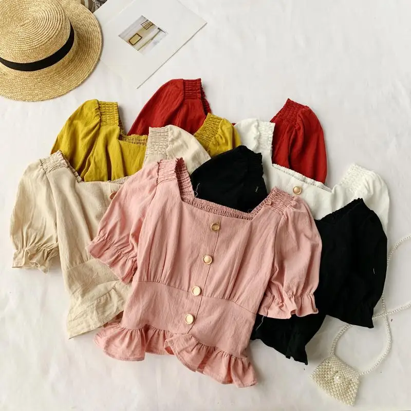 

2019 new fashion women's blouse shirt French retro solid square collar puff sleeves lotus leaf hem Korean chiffon shirt