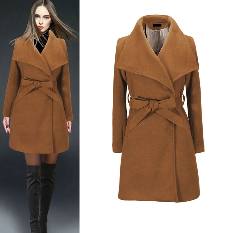 Зимнее женское Шерстяное Пальто Модное Длинное смесовое для офисных леди размера плюс с поясом и бантом коричневое черное пальто уличная одежда